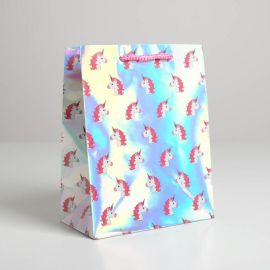 Пакет подарочный голографический «Единорожки», 18 × 23 × 10 см